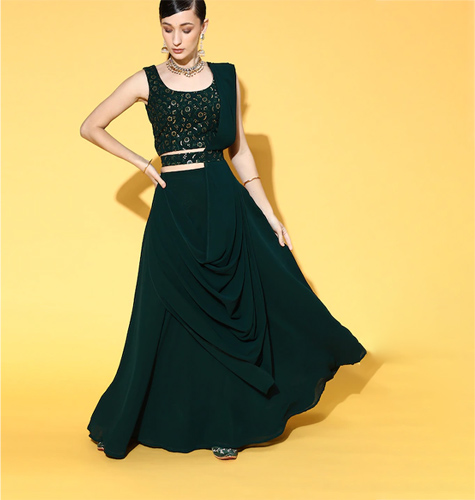 Enchanting Green Colour Classy Embroidered Lehenga with Solid Choli